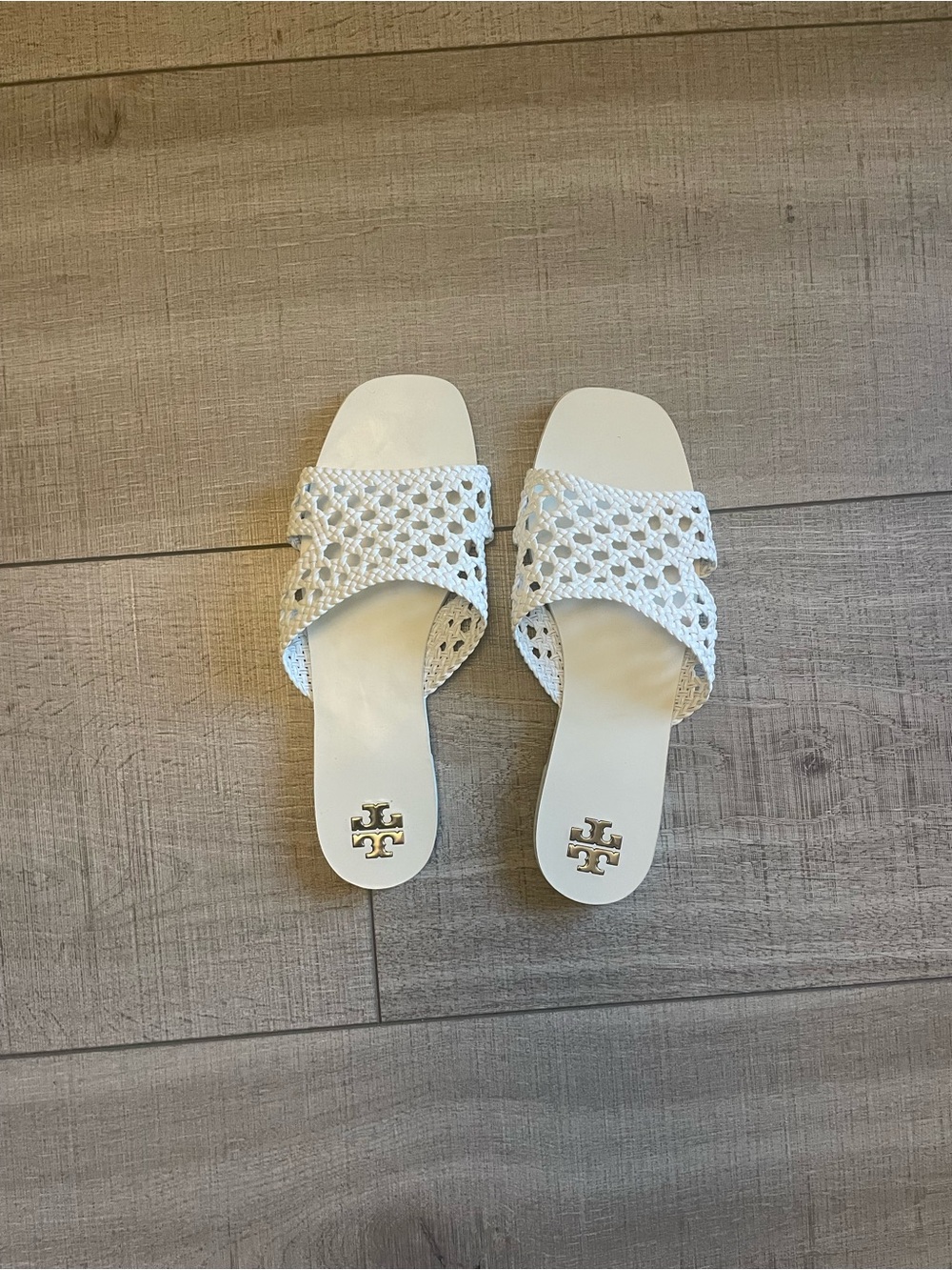 Tory Burch White Woven Slide Sandals with Logo Medallion